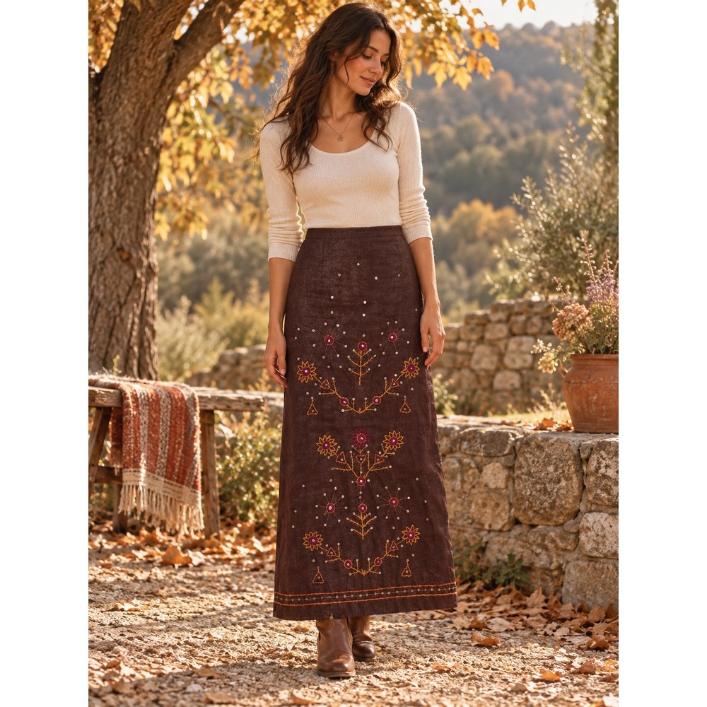 Sleeping on Snow Maxi Skirt Womens 4 Brown Boho Folk Autumn Embroidery